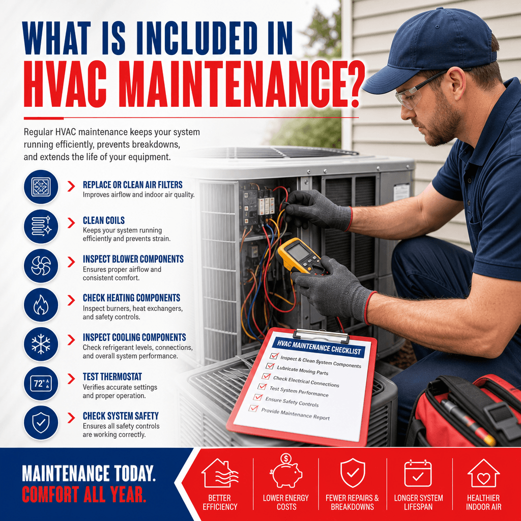 HVAC technician performing routine maintenance on a heating and cooling system, illustrating what is included in HVAC maintenance.